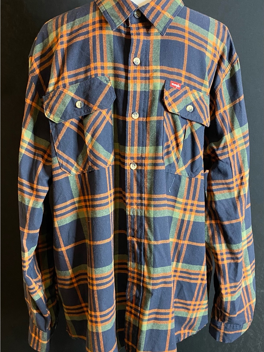 Wrangler Navy, Orange & Green Plaid Flannel Shirt